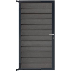 Anthrazitfarbenes Gartentor mit Schwedenprofil aus WPC und Aluminiumrahmen.