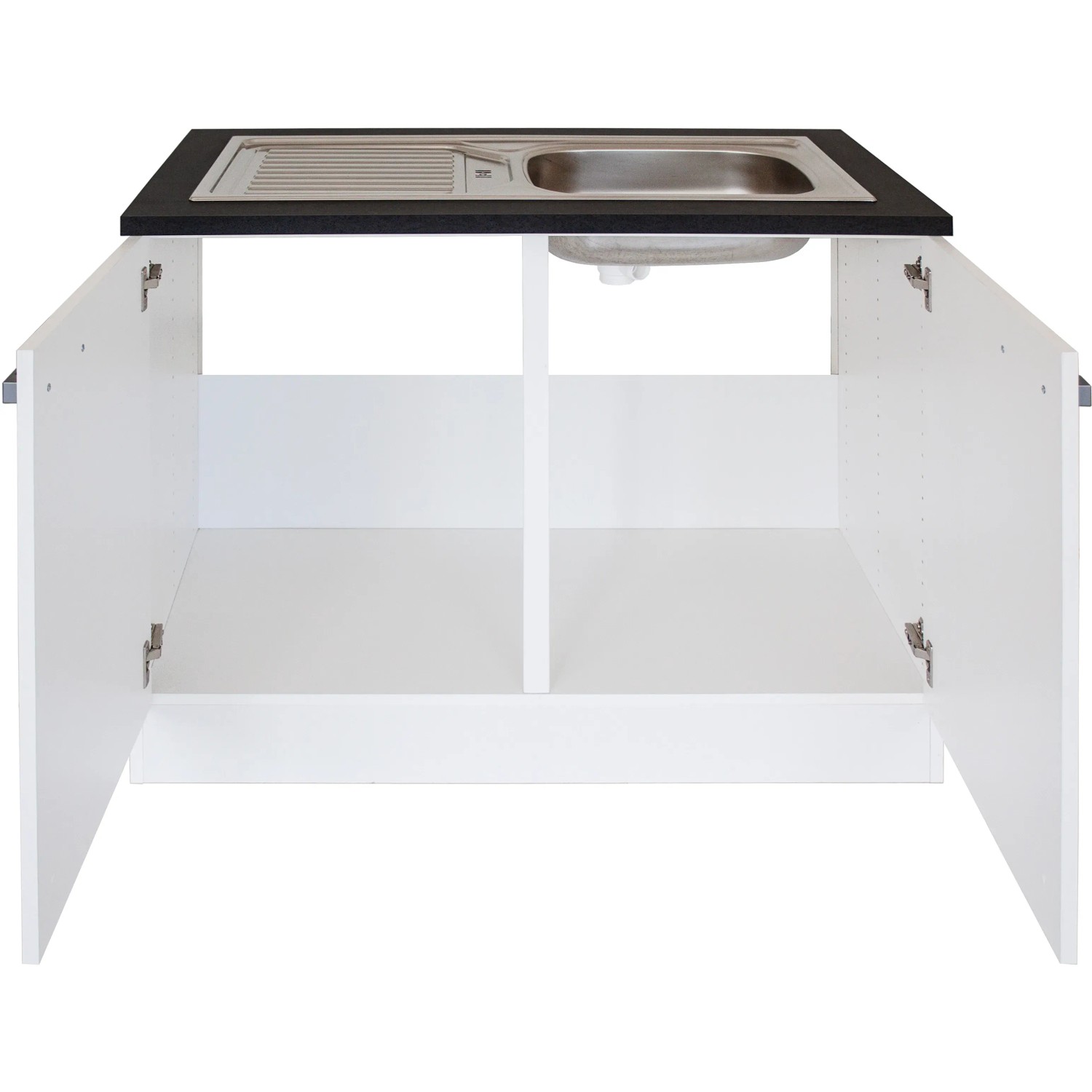 Weißer Optifit Spülenunterschrank Salo214 mit Einbauspüle, 100x85x60cm, offene Türen.