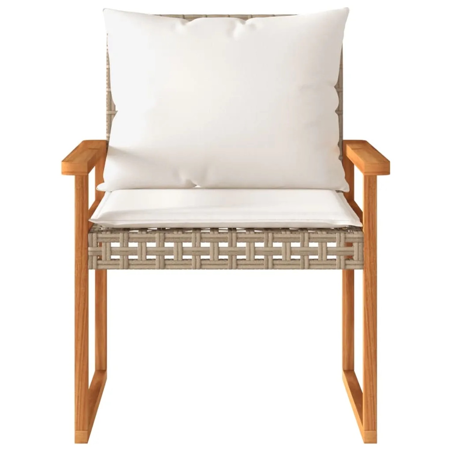 Gartenstuhl aus Poly Rattan mit Akazienholz und cremeweißen Kissen des vidaXL Bistro-Sets.