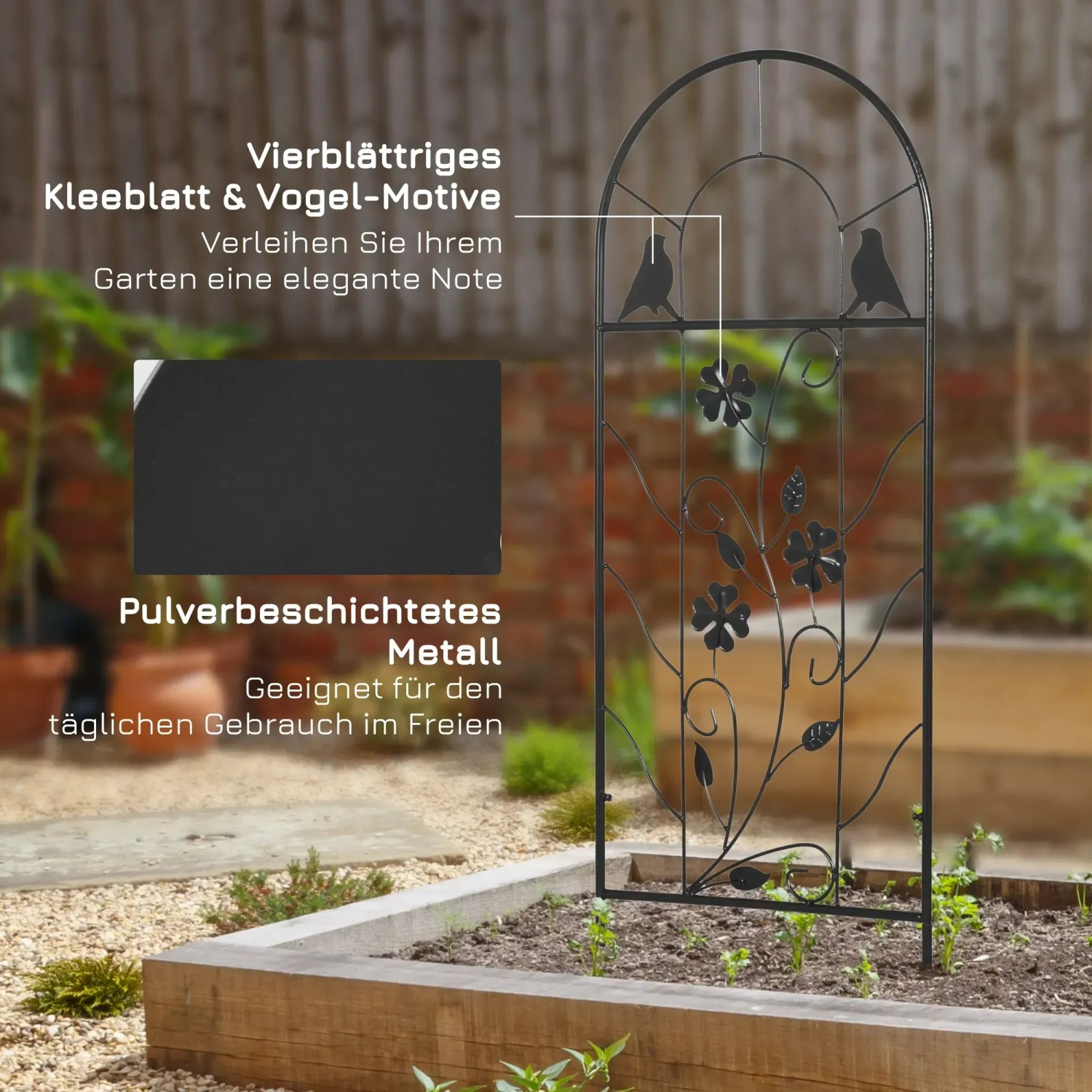 2er Set Outsunny Rankhilfe aus Eisen, schwarz, mit Vogel- und Kleeblattmotiven als Gartendeko.