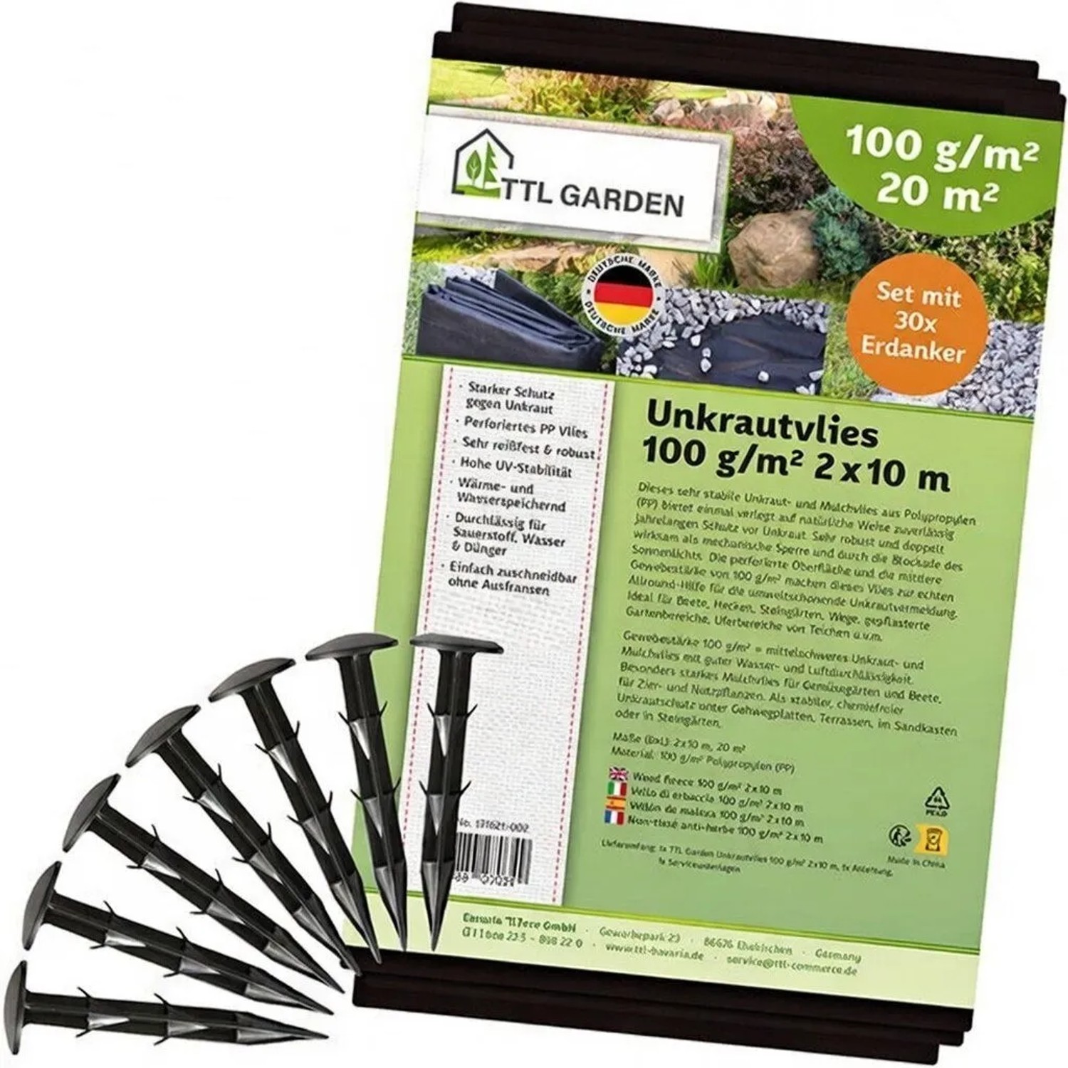 TTL GARDEN Unkrautvlies 100g/m² 2x10m 20m² Schwarz Inkl. 30 Erdanker 12cm Gartenvlies Mulchvlies UV-stabil