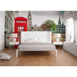 Fototapete London mit roter Telefonzelle, Big Ben und Houses of Parliament im Hintergrund.