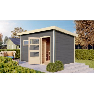 Terragraues Karibu Saunahaus Hendrik 3 mit Ofen und externer Steuerung im Garten.