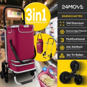 24MOVE Einkaufstrolley Alegre 3in1, faltbar, mit Kühlfach, rot und Treppensteiger-Rädern.