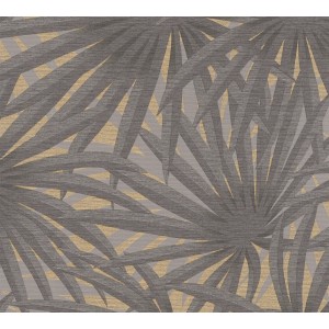 Grau-goldene Vliestapete mit Palmenmuster der Serie Metropolitan Stories II.
