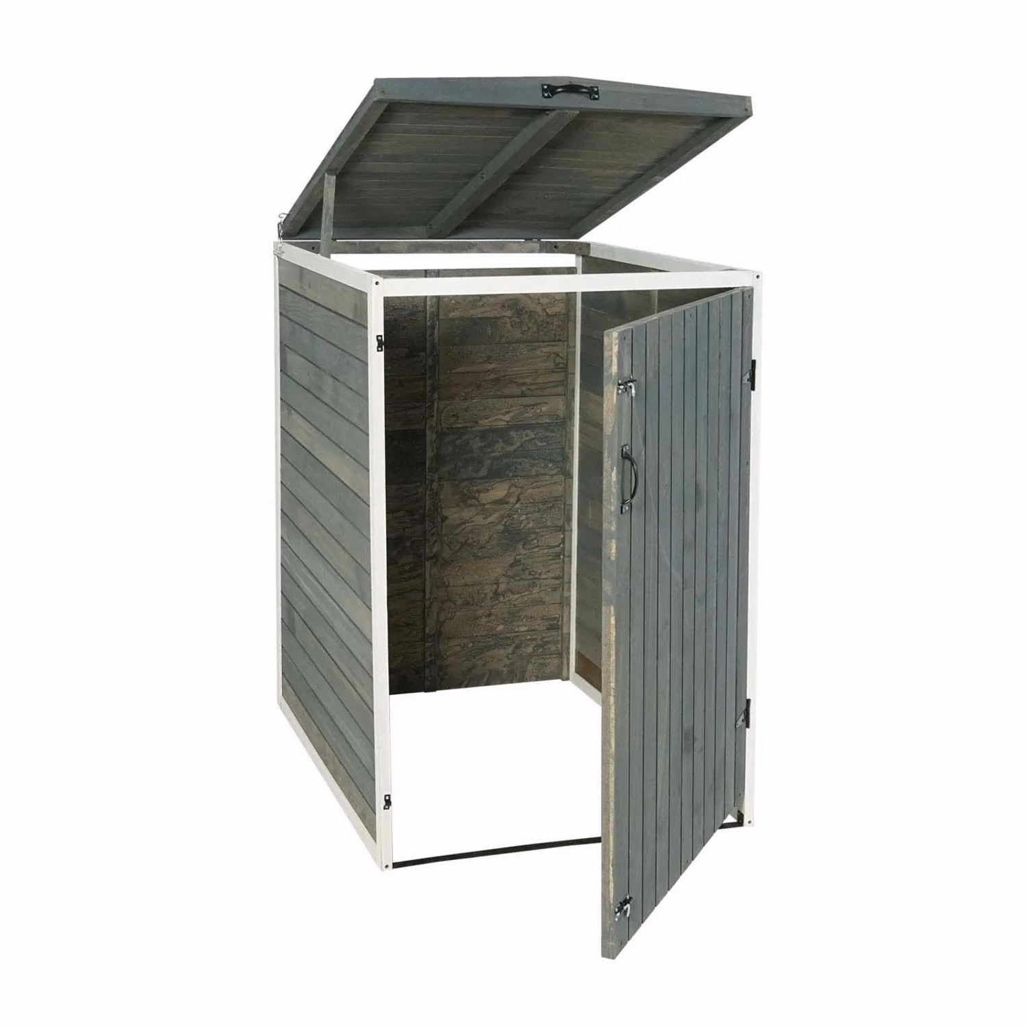 Grau-weiße Mülltonnenbox aus Holz mit geöffneter Tür und Deckel. Mülltonnenverkleidung für 1-2 Tonnen.