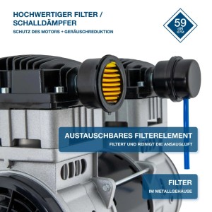 Hyundai Silent Kompressor: Hochwertiger Filter und Schalldämpfer im Metallgehäuse. Reinigt Ansaugluft, reduziert Geräusche auf 59 dB.