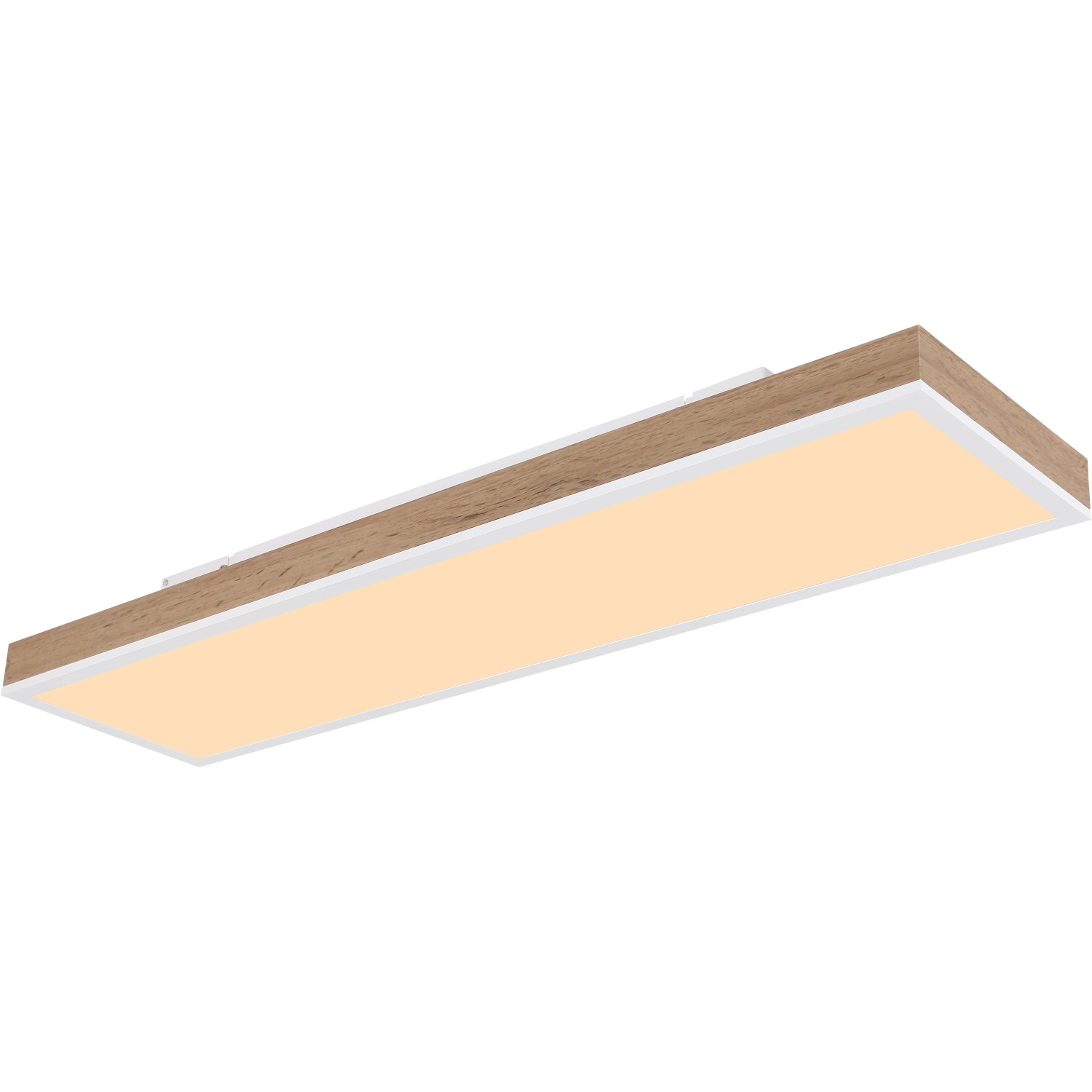 Rechteckige LED-Deckenleuchte Doro, 80 cm, Holzoptik dunkel, Aluminium weiß matt.