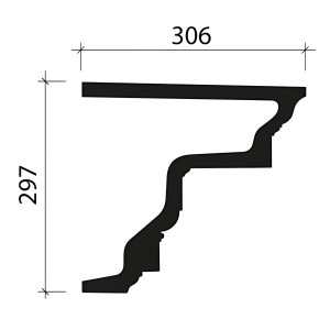 Technische Zeichnung einer weißen PROFHOME Eckleiste/Zierleiste (200x30,6x29,7cm) für Fassadenprofile.