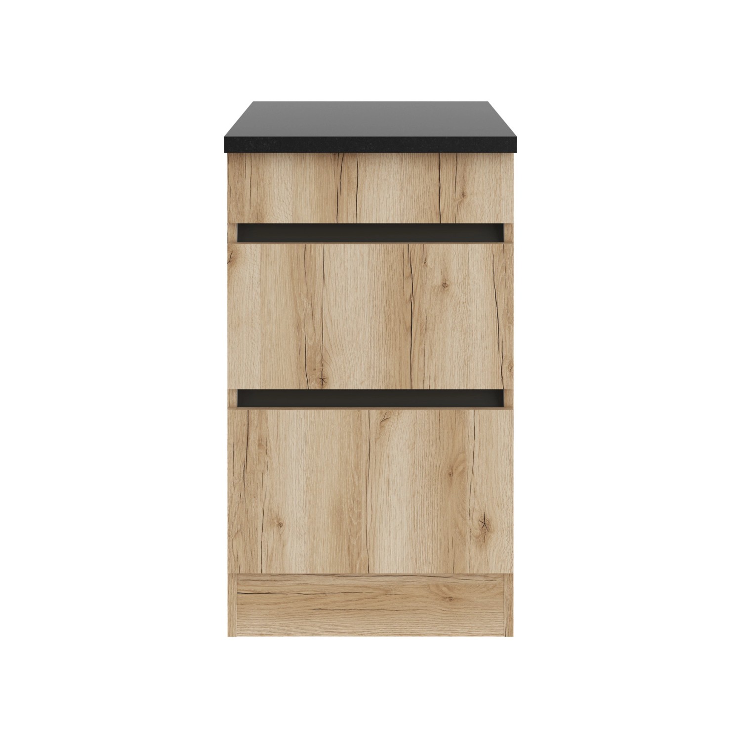 Optifit Küchenunterschrank Kaya290 in Wildeiche Optik mit drei Auszügen und schwarzer Arbeitsplatte.