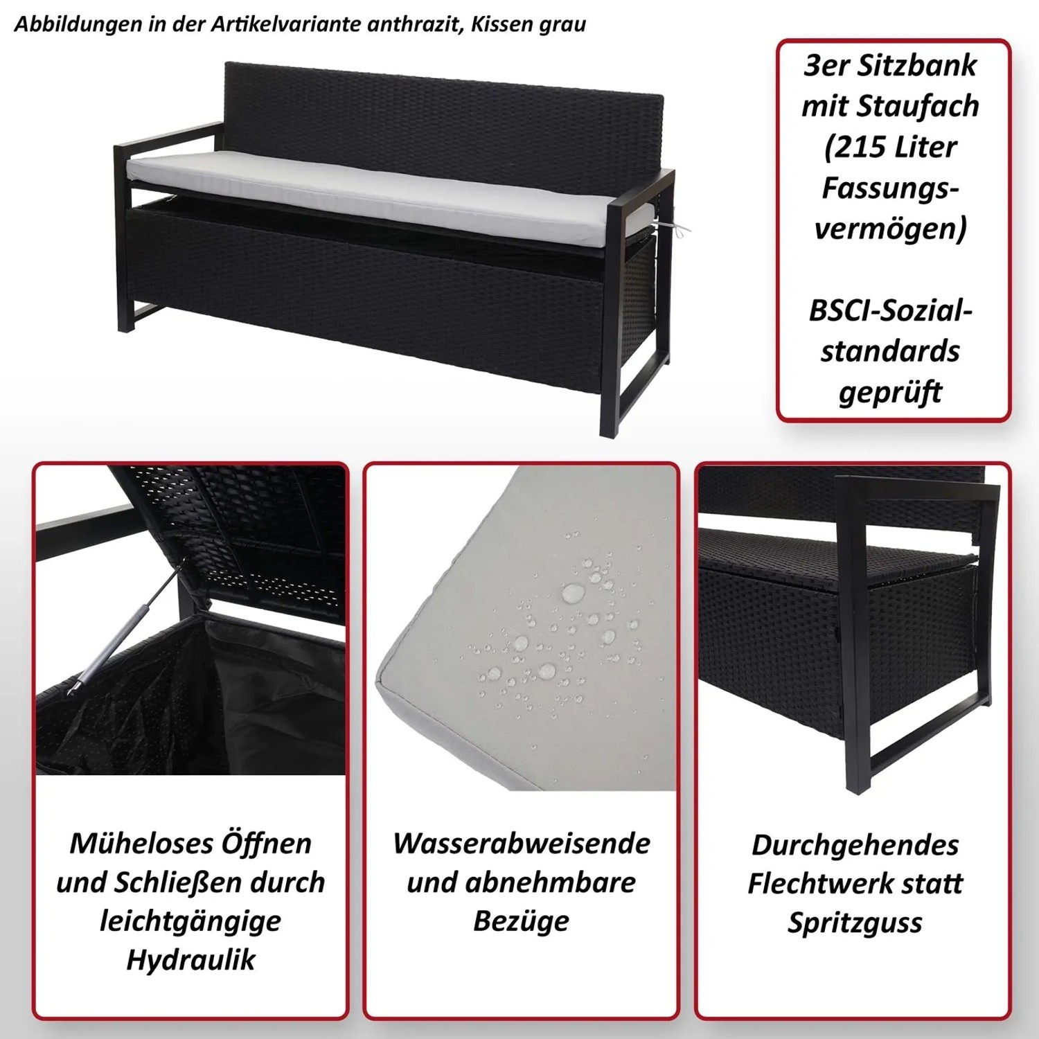 Braune Poly-Rattan Gartenbank mit creme Kissen und Staufach für 3 Personen.