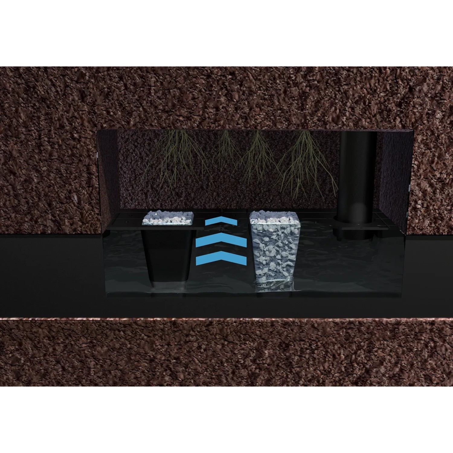 WaterUps Bewässerungstank (120x40 cm) im Querschnitt: Wasserspeicher für Hochbeete mit Perlit und Zulaufrohr.