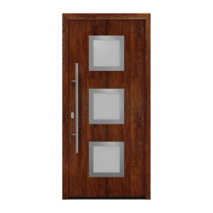 EcoStar Haustür Isopro IP 810S Dark Oak, 110x210 cm, mit drei quadratischen Glaseinsätzen und Edelstahlgriff.