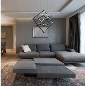 Moderne LED-Pendelleuchte, schwarz matt, mit verschachtelten Quadraten, dimmbar und mit Fernbedienung.