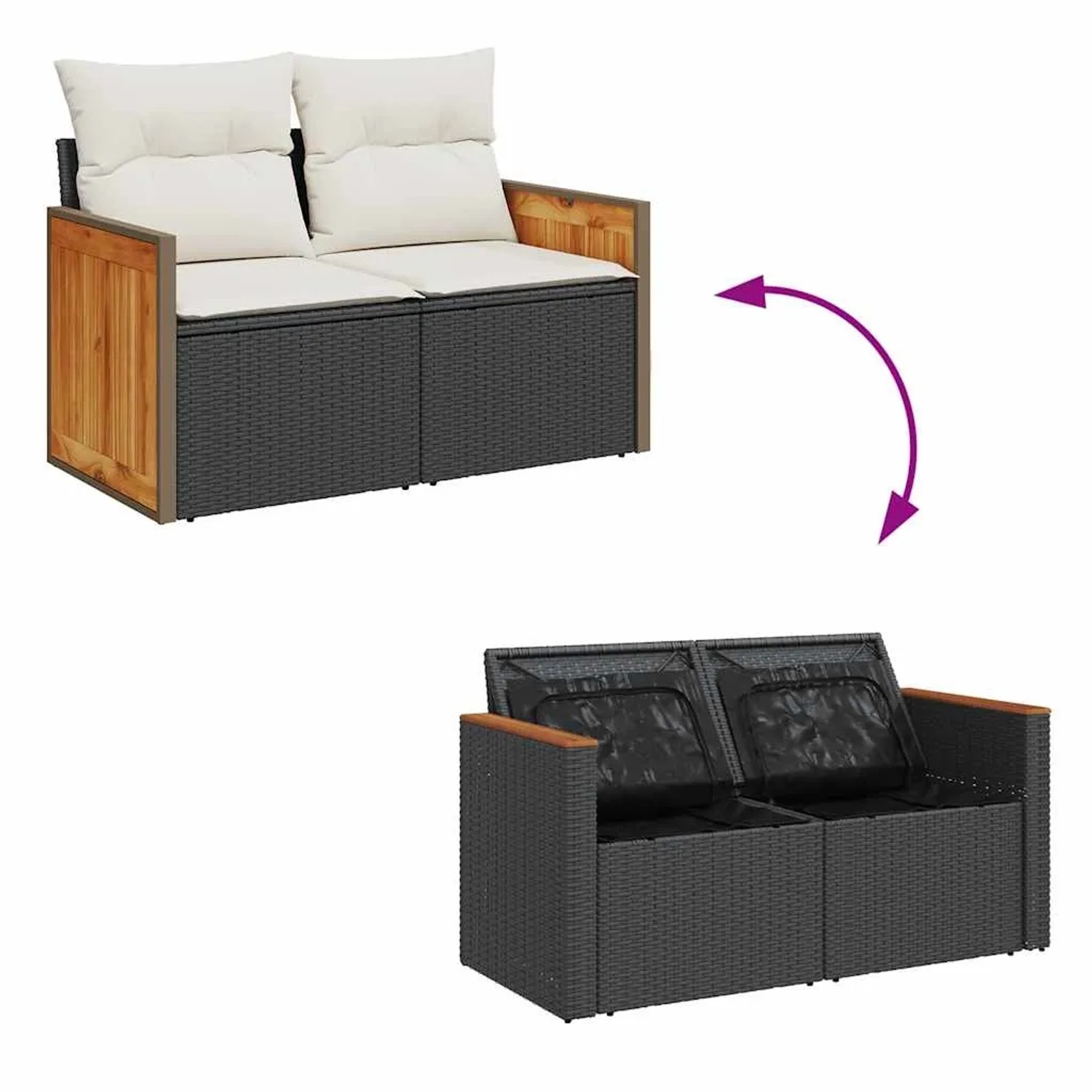 vidaXL 5-tlg. Garten-Sofagarnitur aus Rattan mit Kissen, schwarz. Gartenmöbel mit Stauraum und Akazienholz-Details.