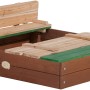 Axi Ella Sandkasten aus Holz, braun mit grünen Akzenten, mit Deckel und Sitzbänken.