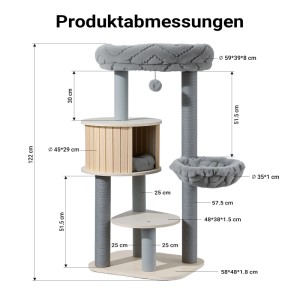 Wiltec Fudajo Urban Studio Kratzbaum, 122 cm, grau/holz, mit Katzenhaus, Hängeliege, Kuschelbett. Maße dargestellt.