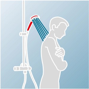 Illustration eines Duschsystems Rain Classic mit runder Kopfbrause im Einsatz.