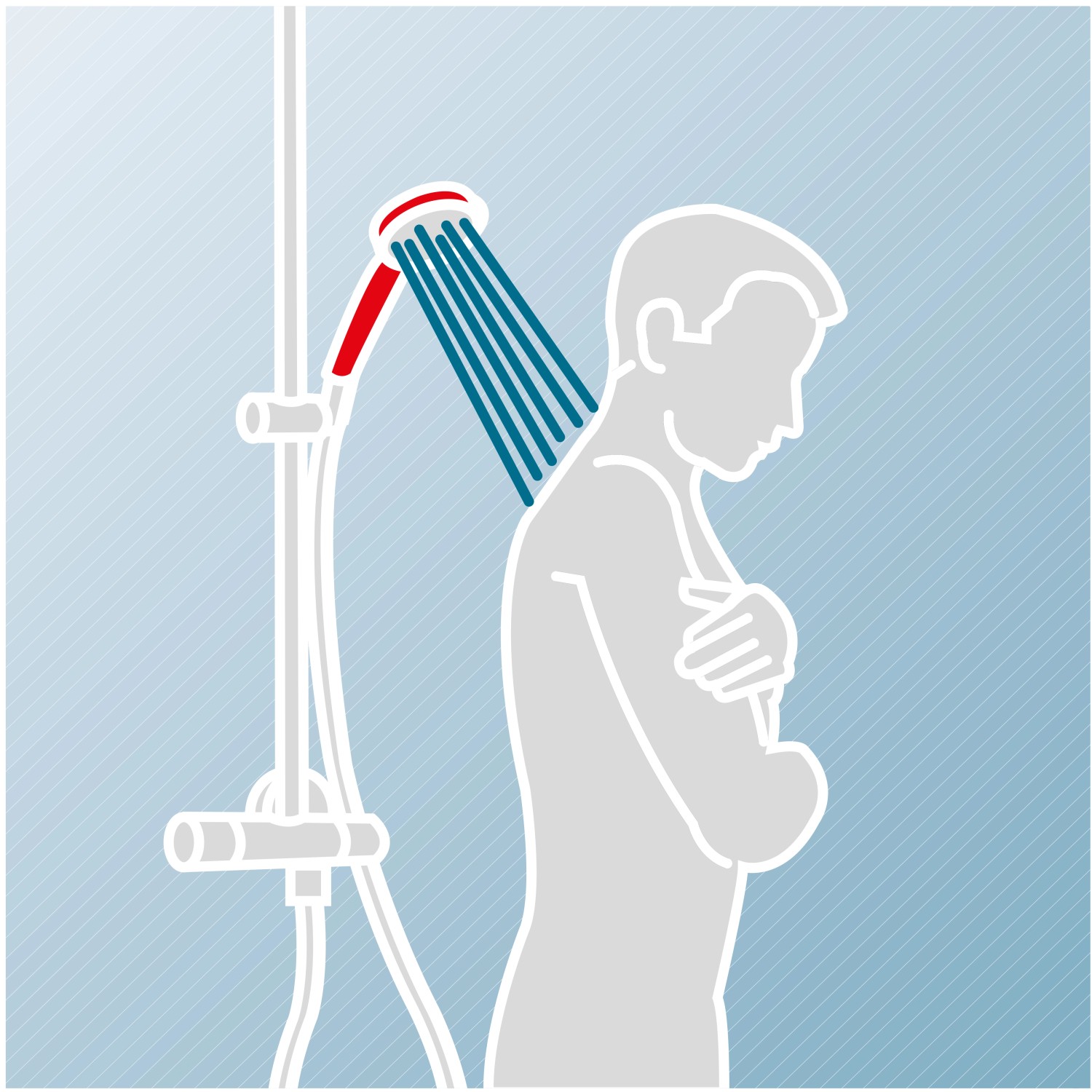 Illustration eines Duschsystems Rain Classic mit runder Kopfbrause im Einsatz.