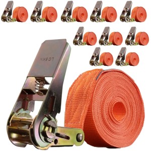 10 orangefarbene Spanngurte mit Ratsche, 6m lang, 1000kg Zugkraft zur Ladungssicherung.
