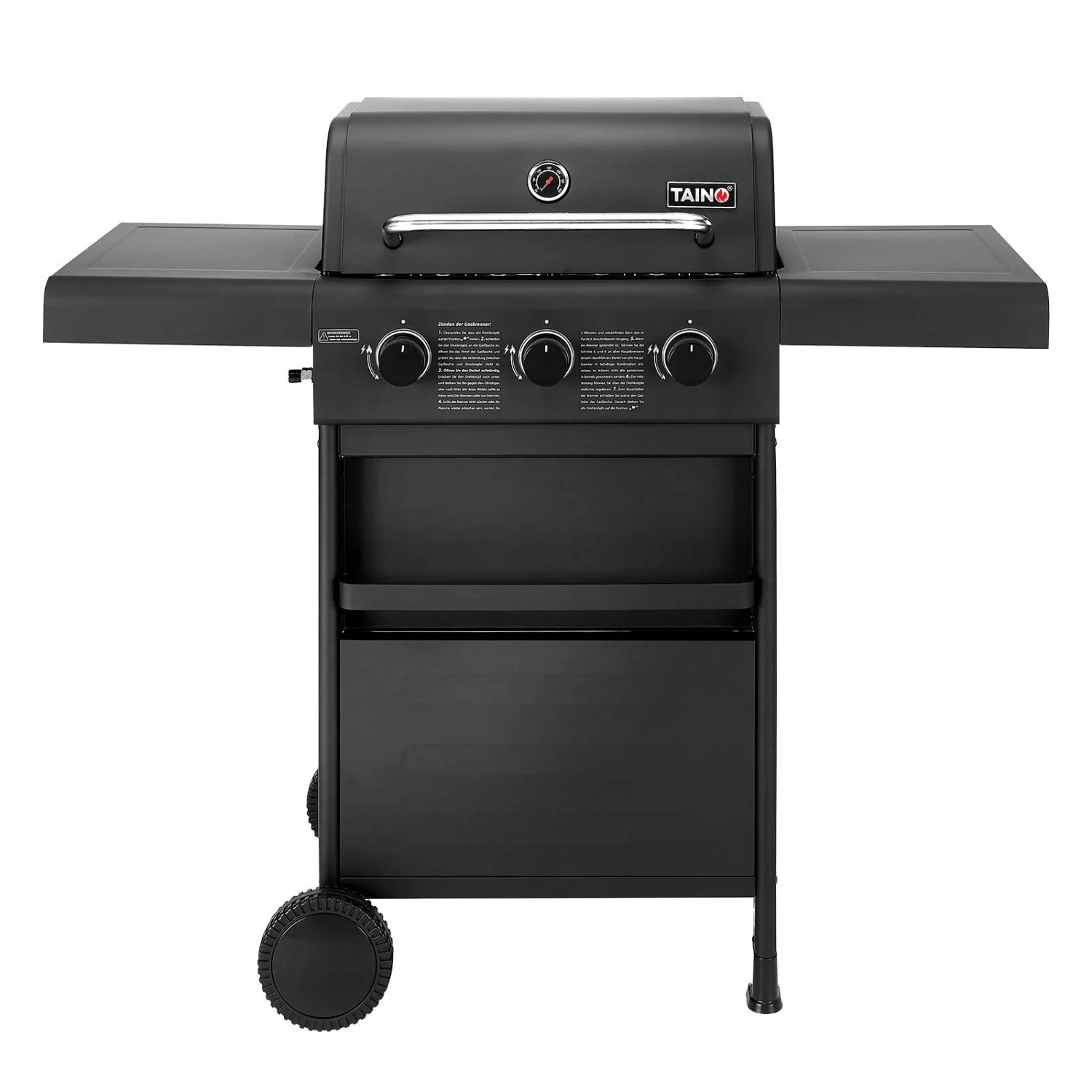 Schwarzer Taino Compact 3+0 Gasgrill mit 3 Brennern, klappbaren Seitenablagen, Thermometer und Rädern. Für Balkon & Terrasse.