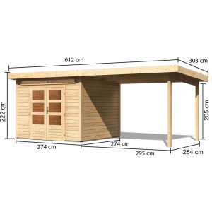 Karibu Holz-Gartenhaus Kumla 6 Natur, unbehandelt, mit Pultdach und Maßangaben.