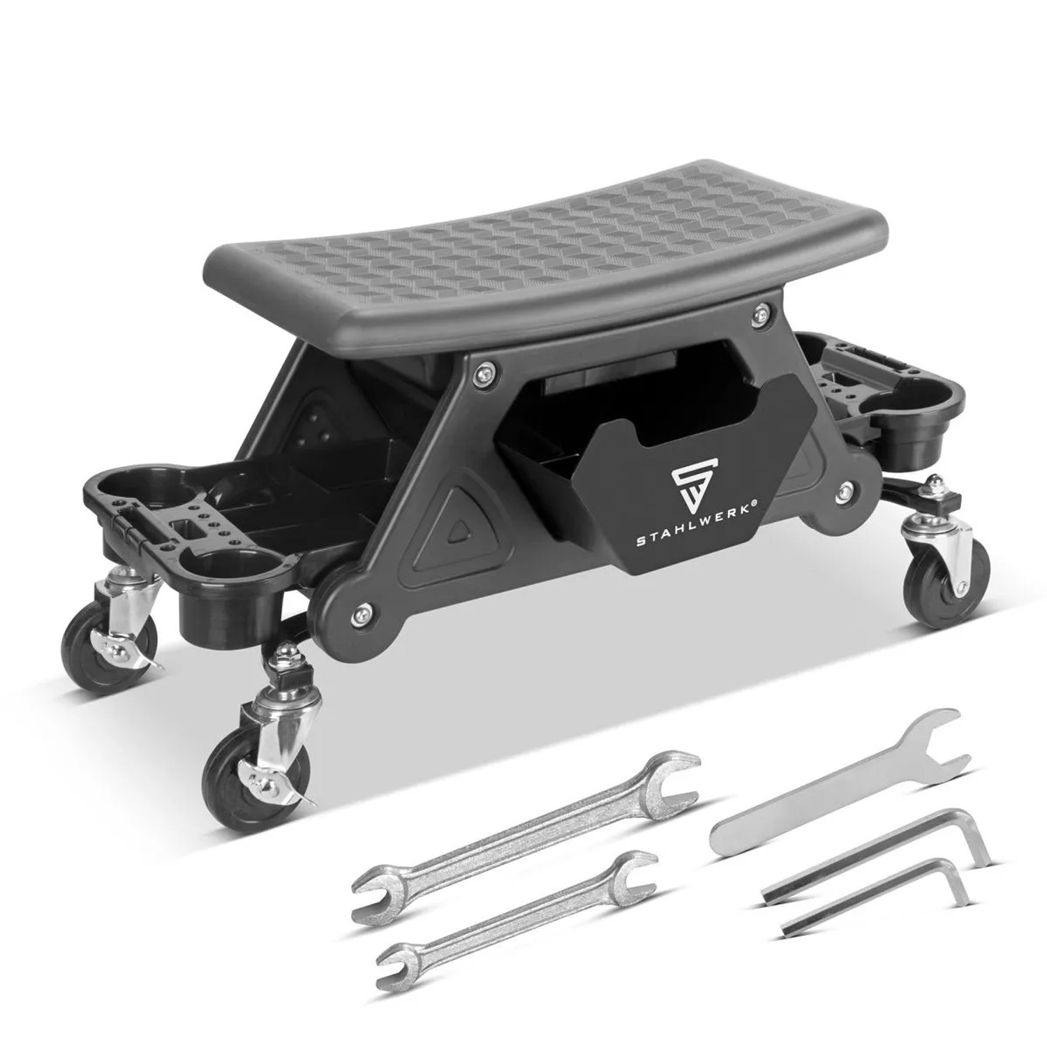 Schwarzer STAHLWERK Werkstatthocker WRS 185 mit Rollen, Schublade, Ablagefächern und Werkzeug. 185 kg Tragkraft.