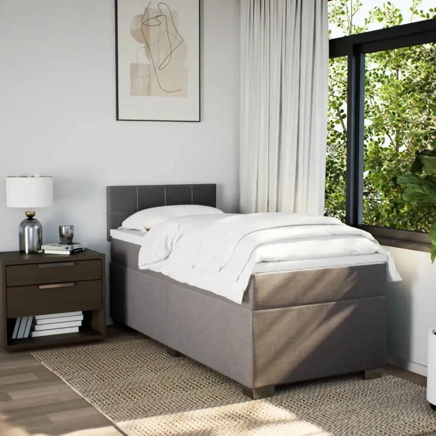 vidaXL Boxspringbett mit Matratze, taupefarbener Stoff, 90x200 cm. Bett mit Nachttisch im Schlafzimmer.
