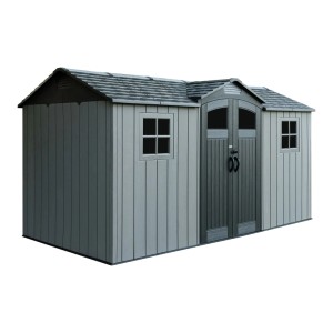 Graues Lifetime Gerätehaus Kentucky mit Doppeltür und Fenstern.