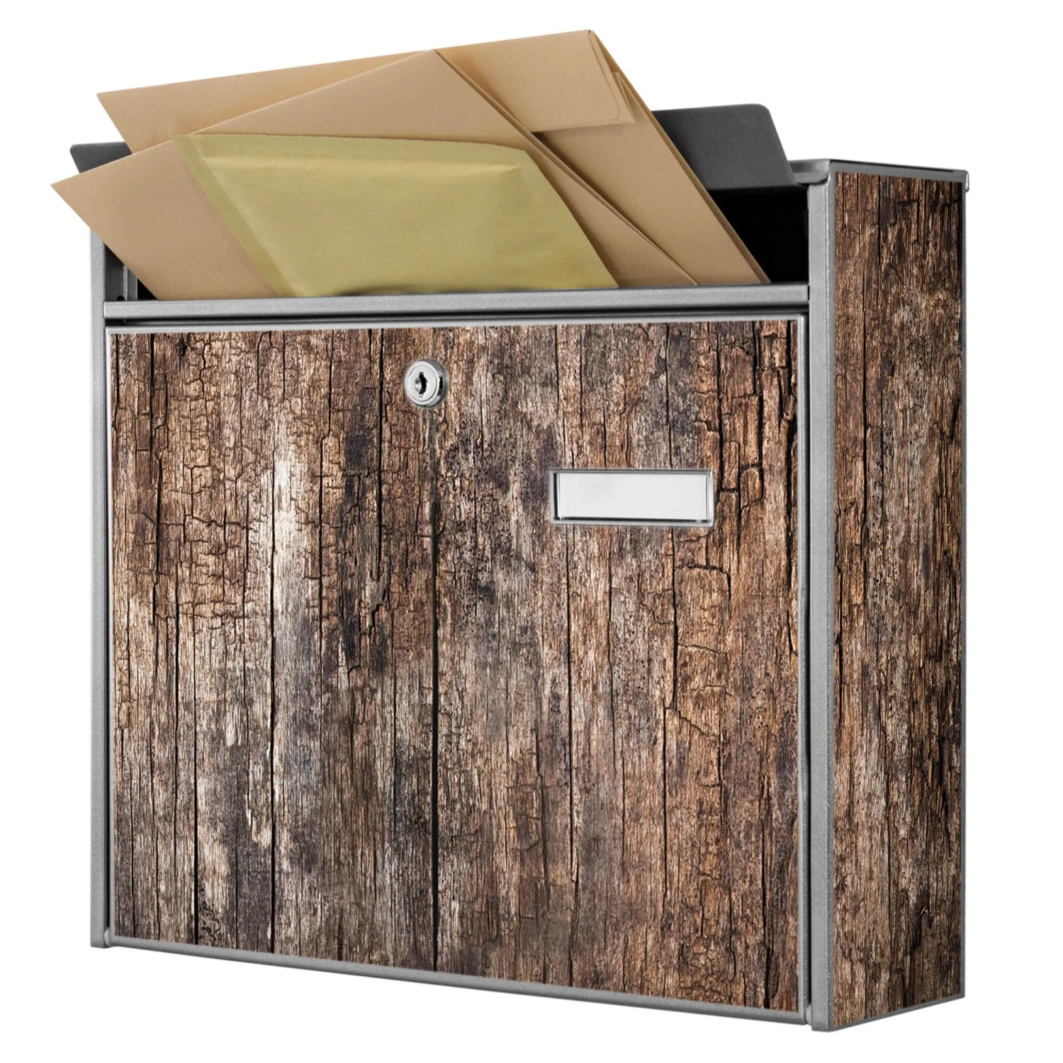 Silberner Banjado Briefkasten mit Holz-Motiv, inkl. Montagematerial und Schlüsseln.