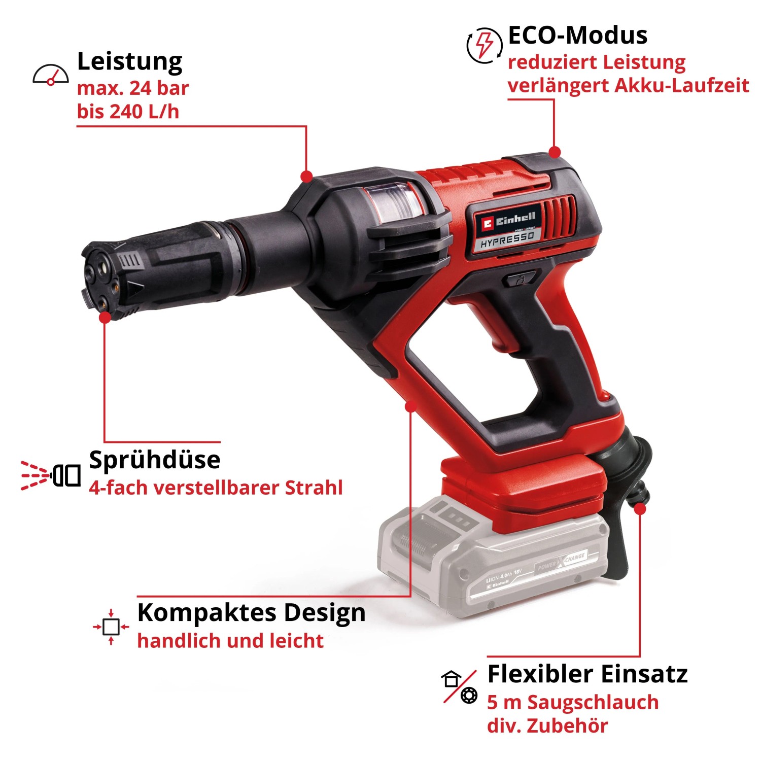 Rote Einhell Akku-Druckreinigerpistole Hypresso Power X-Change mit 4-fach Düse, kompakt für Reinigung & Bewässerung.