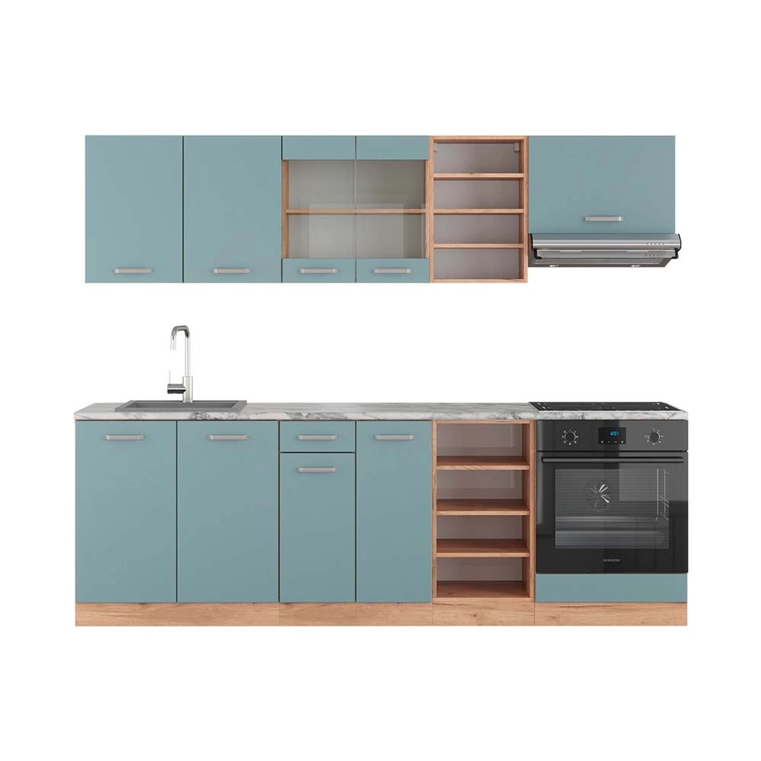 Vicco R-Line Küchenzeile Blau-Grau/Goldkraft Eiche 240 cm AP Marmor günstig online kaufen