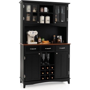 Schwarzes Costway Küchenbuffet mit Glasvitrine, Schubladen und Weinregal. Küchenschrank im Landhausstil.