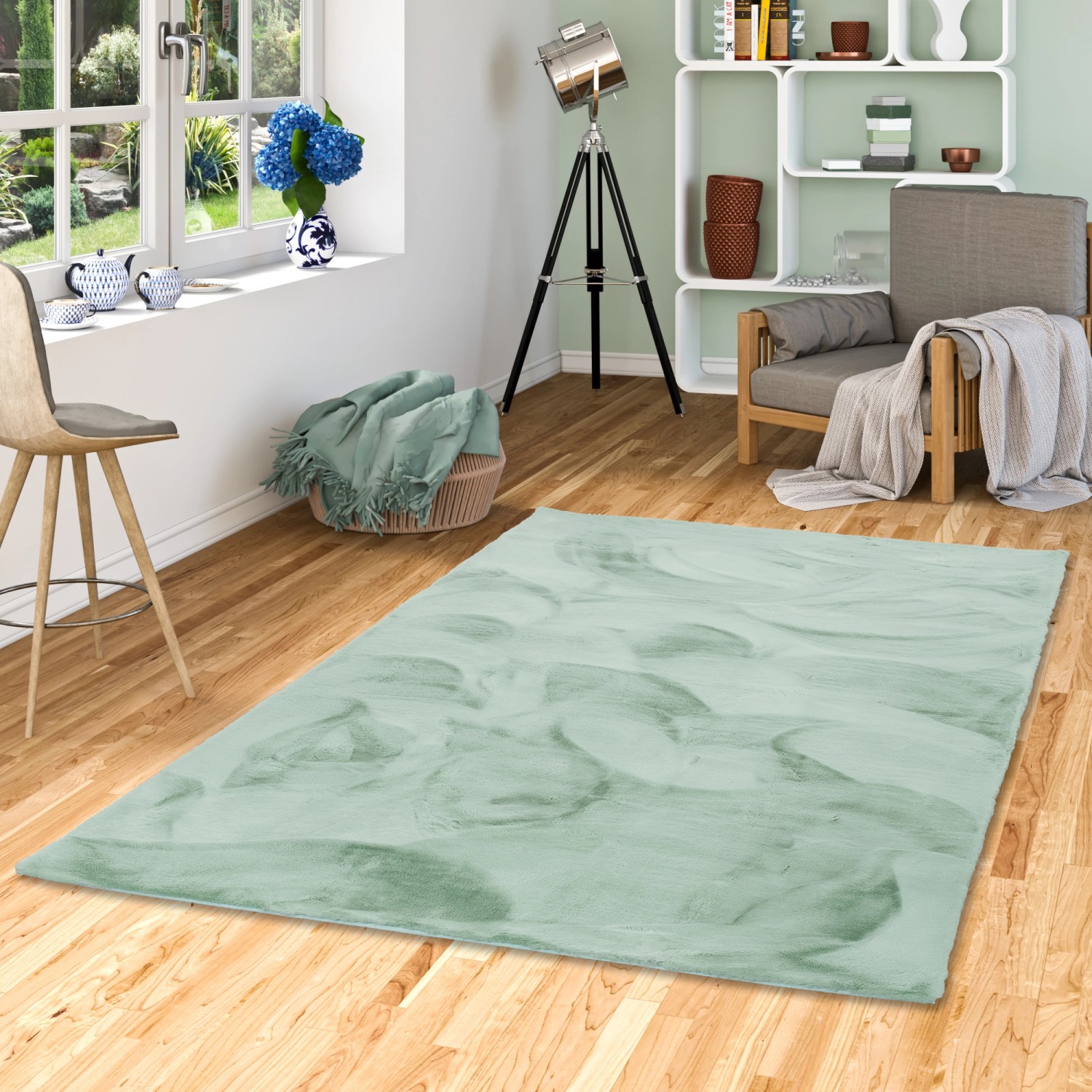 Pergamon Luxus Fellteppich Plush in Mintgrün, 120x170cm. Weicher Kunstfellteppich für Wohn- und Schlafzimmer.