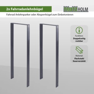 2 anthrazitfarbene TRUTZHOLM Fahrradanlehnbügel aus Flachstahl zum Einbetonieren.
