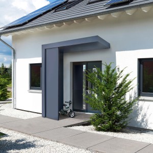 Modernes Gutta Vordach Depot BS/BS Plus am Hauseingang. Stauraum und Schutz in einem.