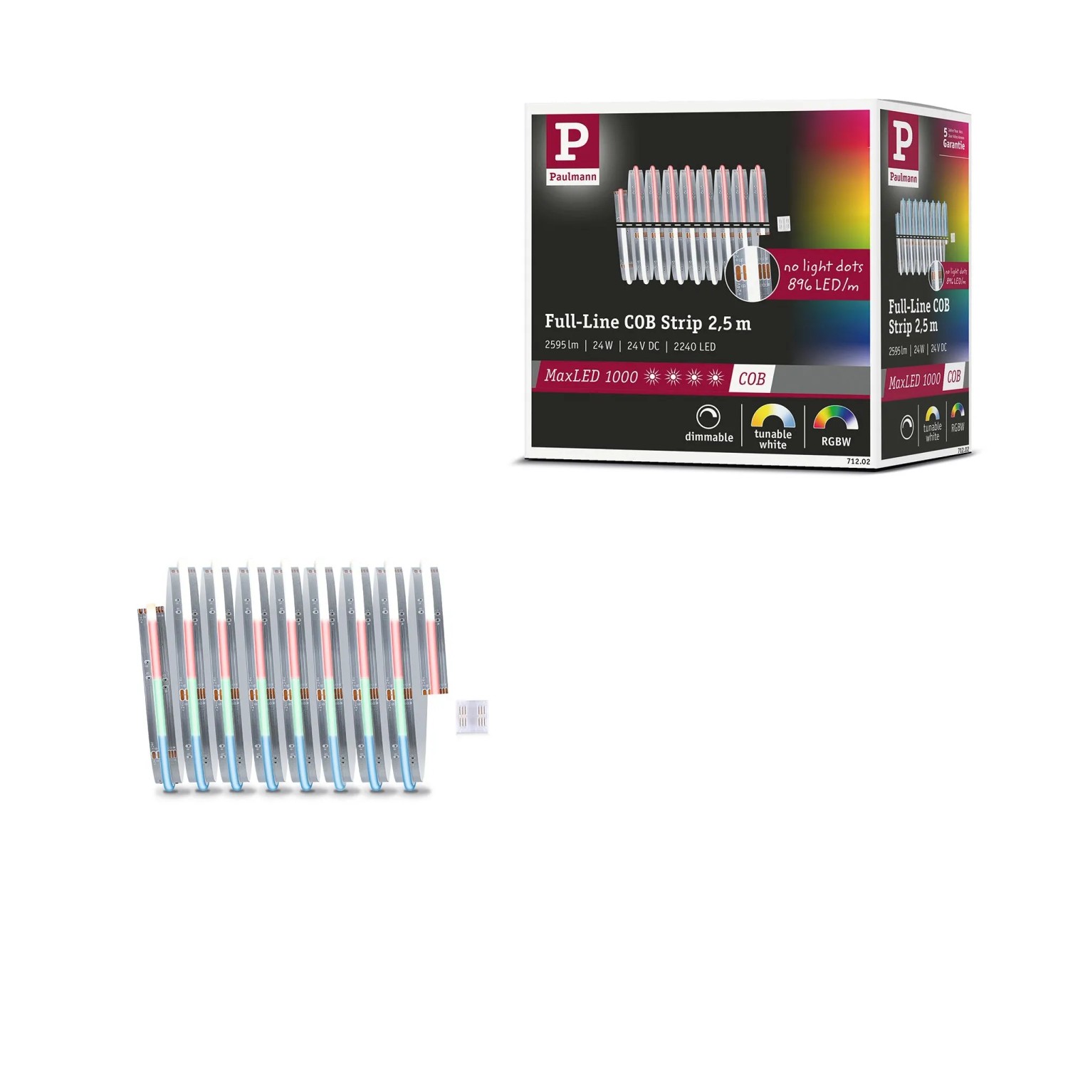 Paulmann MaxLED 1000 COB LED-Strip-Erweiterung 2,5 m RGBW. Verpackung und Streifen mit bunten Lichtern.