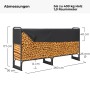 Schwarzes osoltus Kaminholzregal aus Metall, 260x36x117 cm, mit Holzscheiten und schwarzer Abdeckung. Für 400 kg Brennholz.