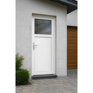 Weiße Panto Nebeneingangstür K301 mit Fenster und Griff, DIN L