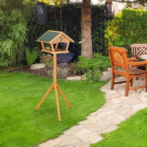 Relaxdays Vogelfutterhaus mit Ständer Tannenholz Stein Natur Grün 137 cm x 66 cm x 59 cm 4,2 kg