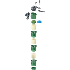 Eheim Aquaball 180 Innenfilter, explosionsgezeichnet: Einzelteile und Filtermedien des Aquarienfilters.