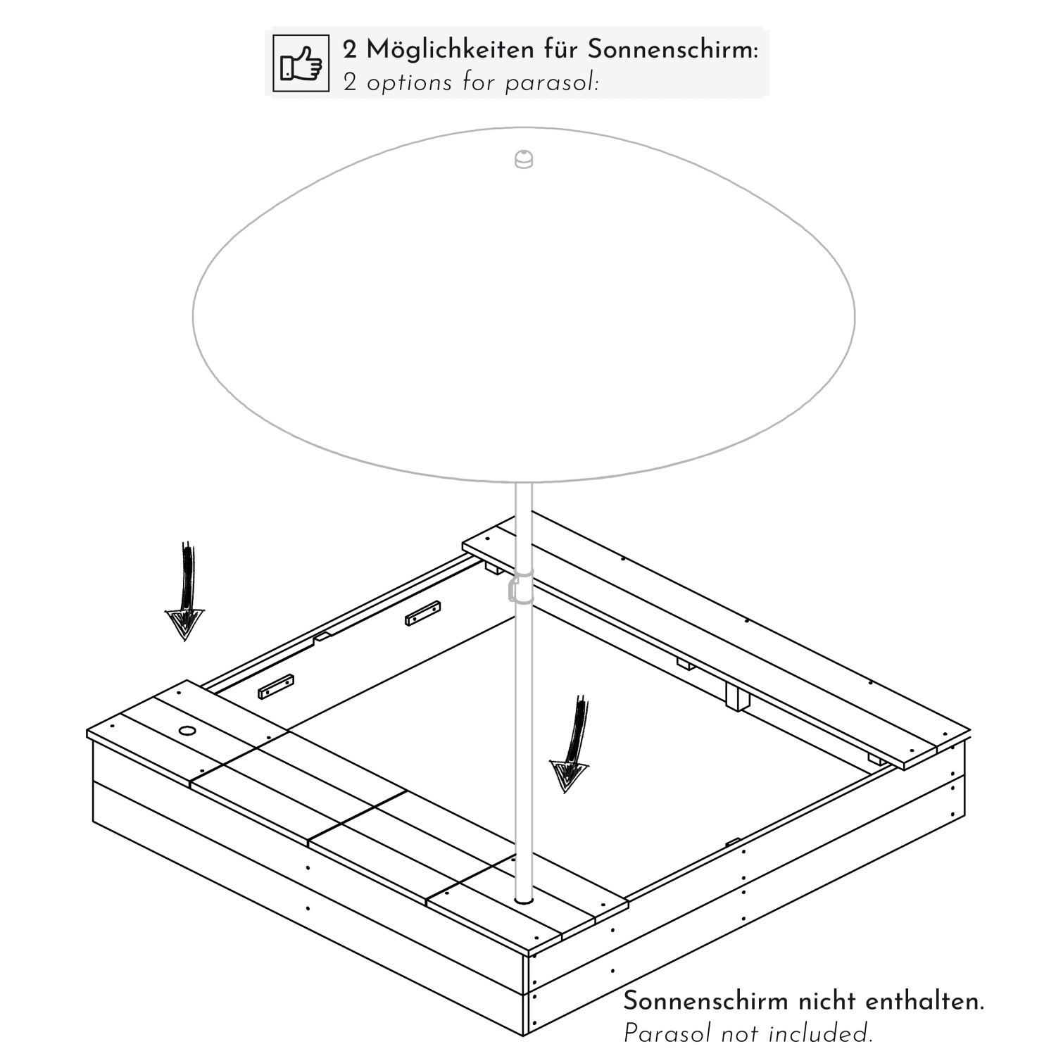 WONDERMAKE Holzsandkasten arena2 mit Sonnenschirm-Option (Schirm nicht enthalten).