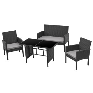 Schwarze Svita Brooklyn XL Rattan Gartenmöbel Essgruppe mit Tisch, Sofa und Sesseln.