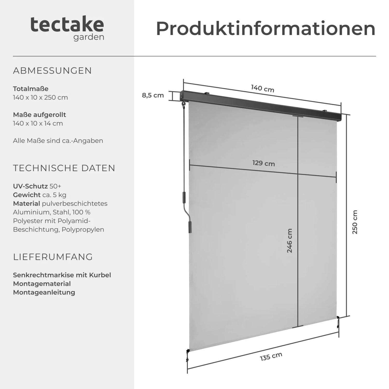 Tectake Senkrechtmarkise Eloise Verschiedene Größen Uv Beständig und Wasserabweisend 140 x 250 cm 10 x 140 x 250 cm Hellgrau_6