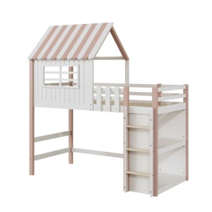 Rosa-weißes Massivholz-Hausbett 90x200cm mit Dach, Fenster, Leiter und integriertem Regal für Kinder.