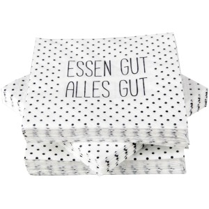 Bestlivings Servietten, 3-lagig, 100er Pack, weiß mit schwarzen Punkten und dem Spruch 'Essen Gut Alles Gut'.