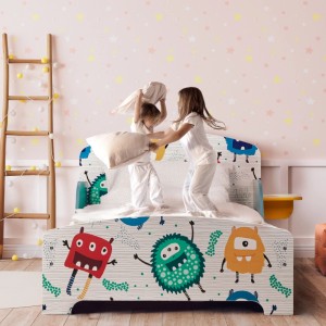 Relaxdays Kinderbett MDF Holz Kunststoff Bunt mit Ablage mit Rausfallschutz 60 cm x 94 cm x 143 cm 16 kg