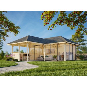 Palmako Pavillon Bianca Set 223, lackiert weiß, mit Schiebetüren und Tresenanlage im Garten.