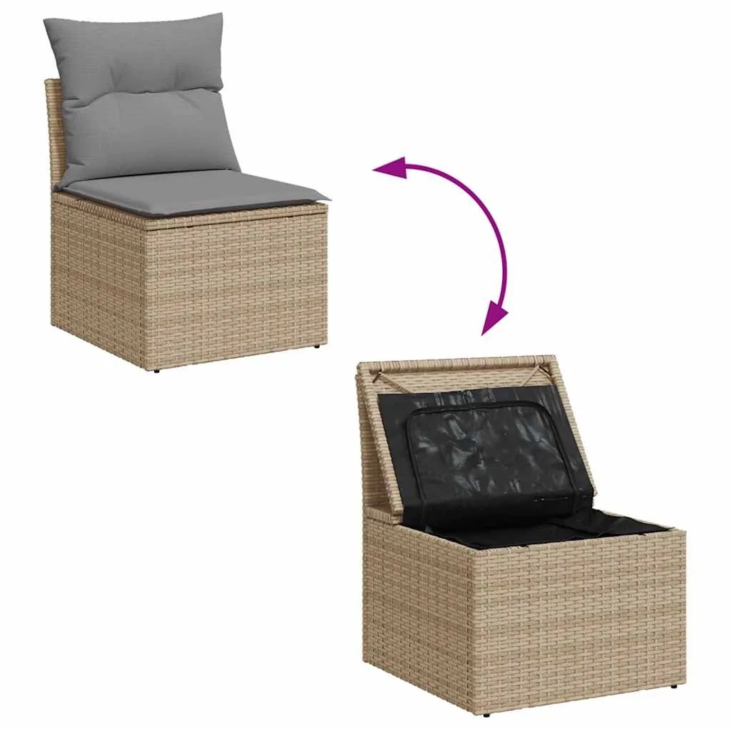 Beige Garten-Sofagarnitur aus Rattan mit Staufach und Kissen, geöffnet und geschlossen dargestellt.