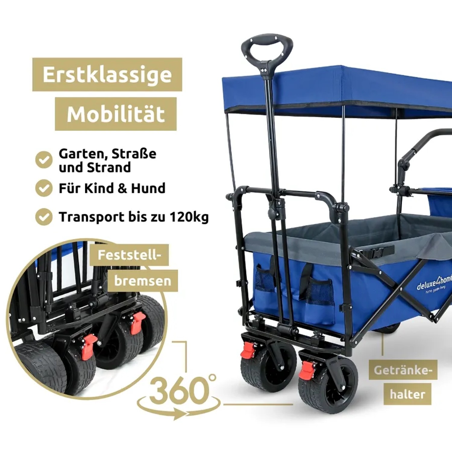 Faltbarer Bollerwagen von deluxe4home mit Dach, breiten Reifen, blau-grau. Ideal für Camping und Outdoor.